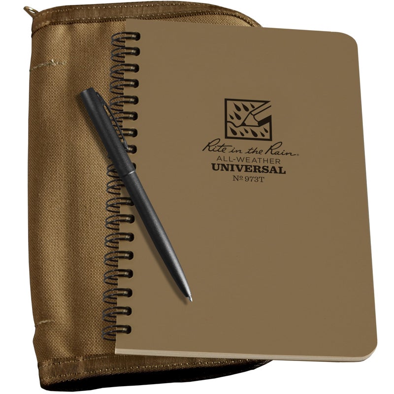 Rite in the Rain Weatherproof Side Spiral Kit: Tan CORDURAÂ® Fabric Cover, 4.625" x 7" Tan Notebook, and Weatherproof Pen (No. 973T-KIT) - Image 1